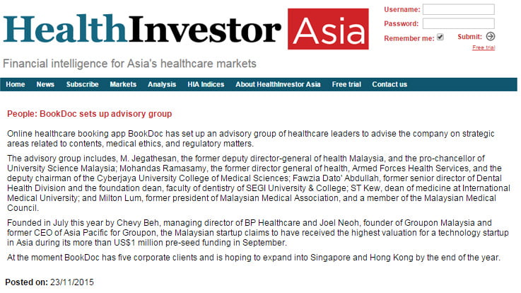 BookDoc Featured On Health InvestorAsia - BookDoc