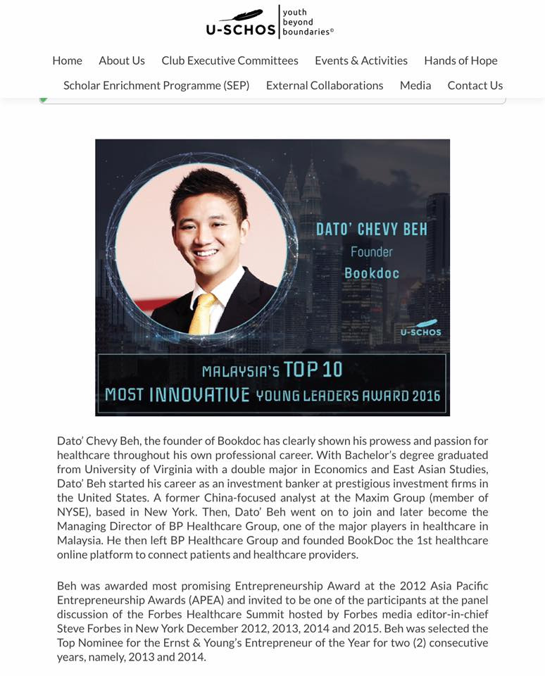 BookDoc founder nominated as Malaysia's Top 10 Most Innovative Young Leaders Award 2016