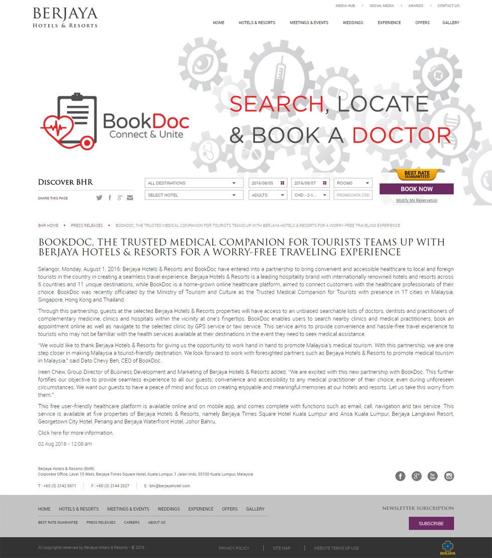 BookDoc partners with Berjaya Hotels & Resorts for worry free traveling experience