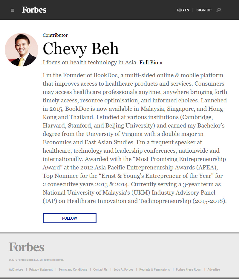 Founder of BookDoc honored to be the 1st Health Tech contributor at Forbes for Asia