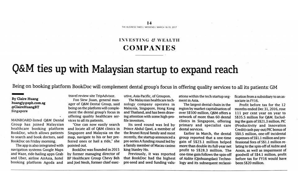bookdoc featured on Businesstimes.com.sg