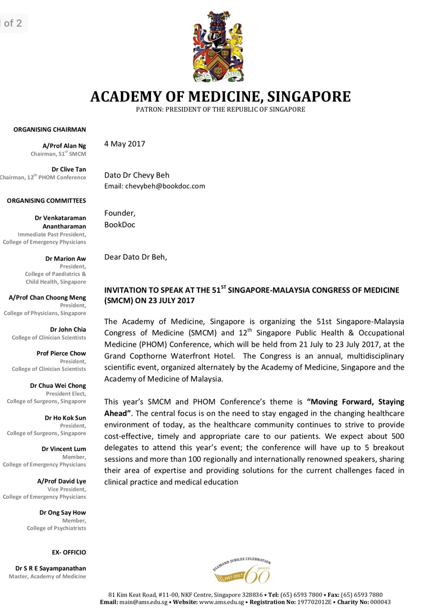BookDoc's founder invited to speak at the 51st Singapore-Malaysia congress of Medicine(SMCM) on 23 July 2017