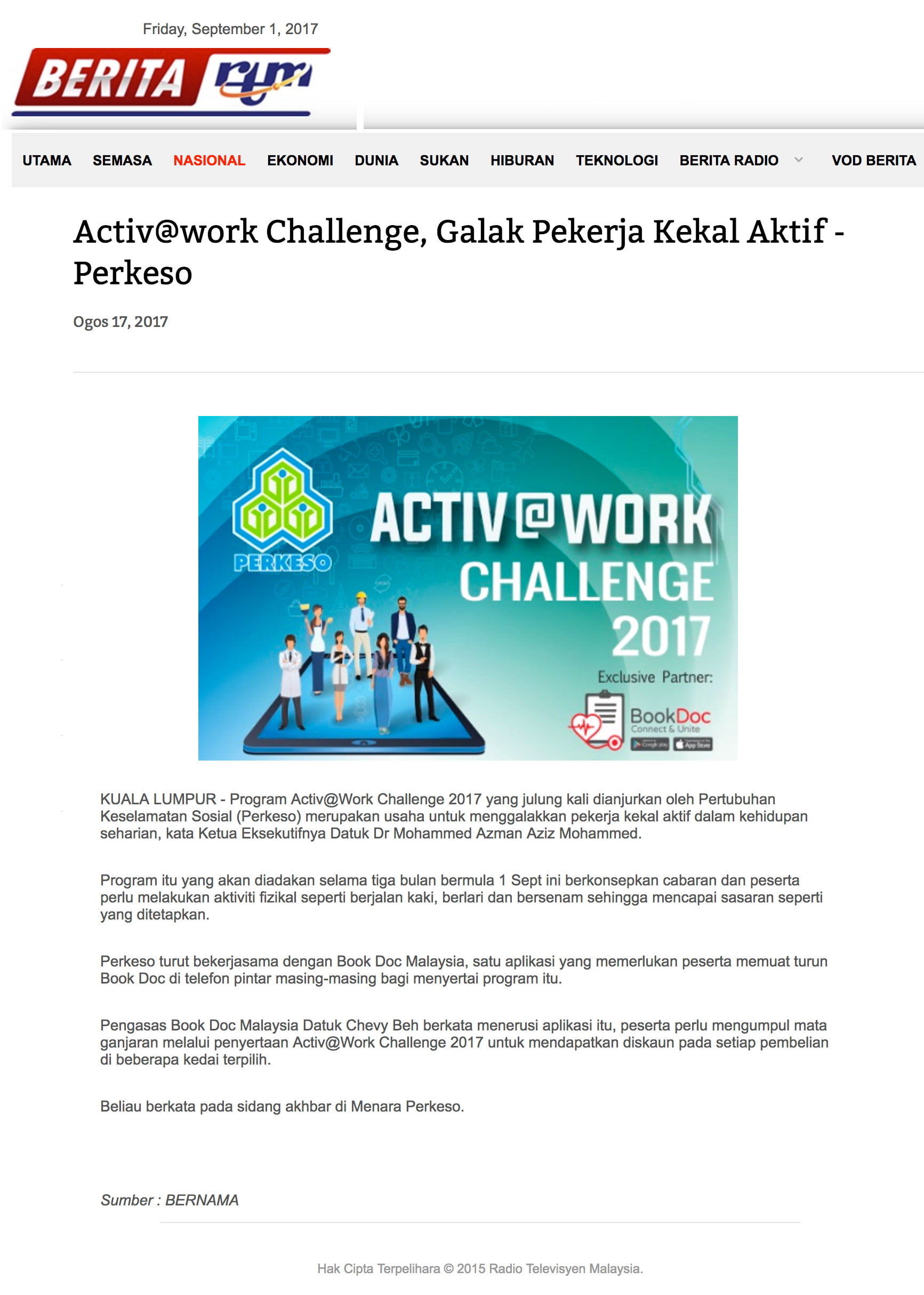 BookDoc partners with Social Security of Malaysia (PERKESO) promoting Activ at work campaign