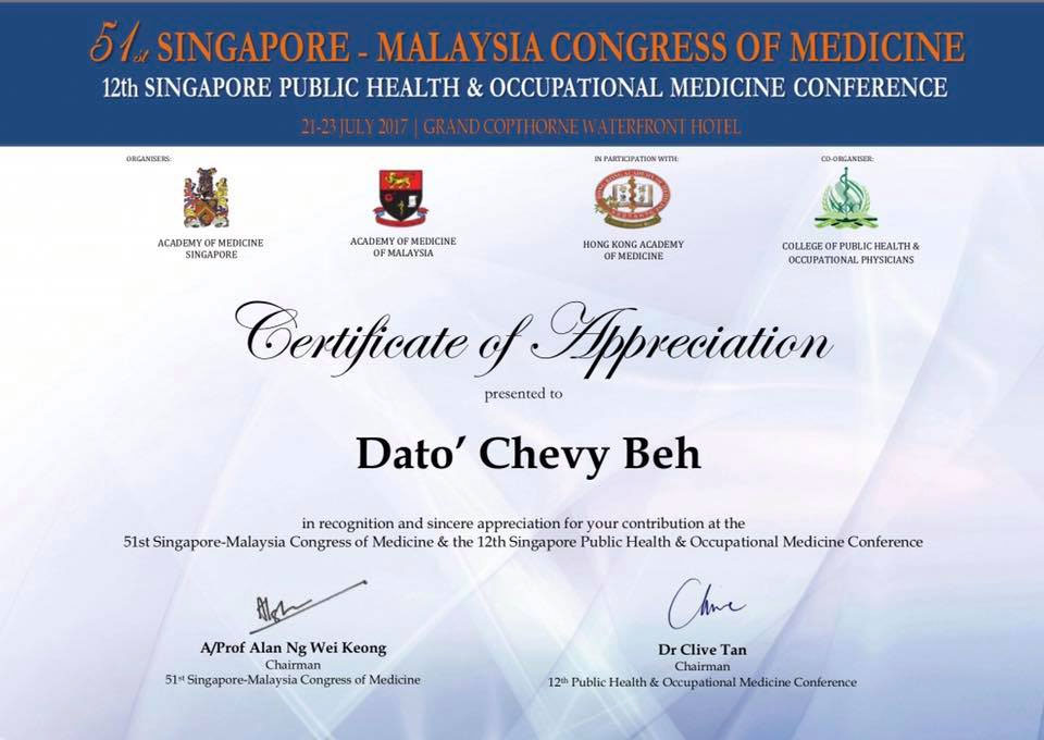 Recognized Internationally and invited to speak at the 51st Singapore- Malaysia Congress of Medicine