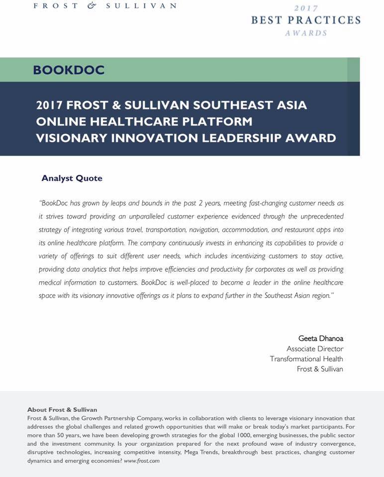 BookDoc honored to be awarded by Frost & Sullivan 2nd year in a row as Southeast Asia Online Healthcare Platform Visionary Innovative Leadership Award