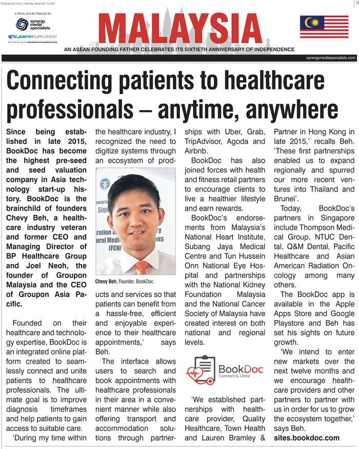 BookDoc Featured on Business Times Singapore