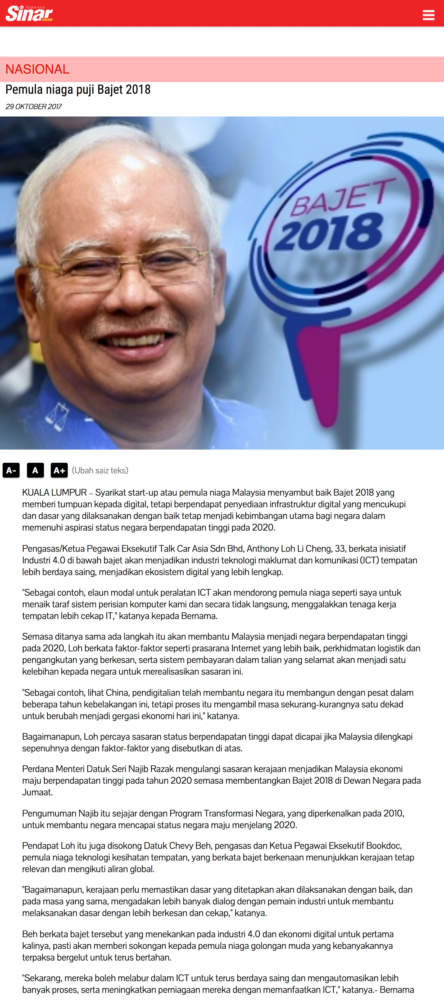 BookDoc Founder’s comments on Budget 2018 captured in Sinar Harian