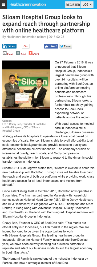 Siloam Hospital Group looks to expand reach through partnership with online healthcare platform